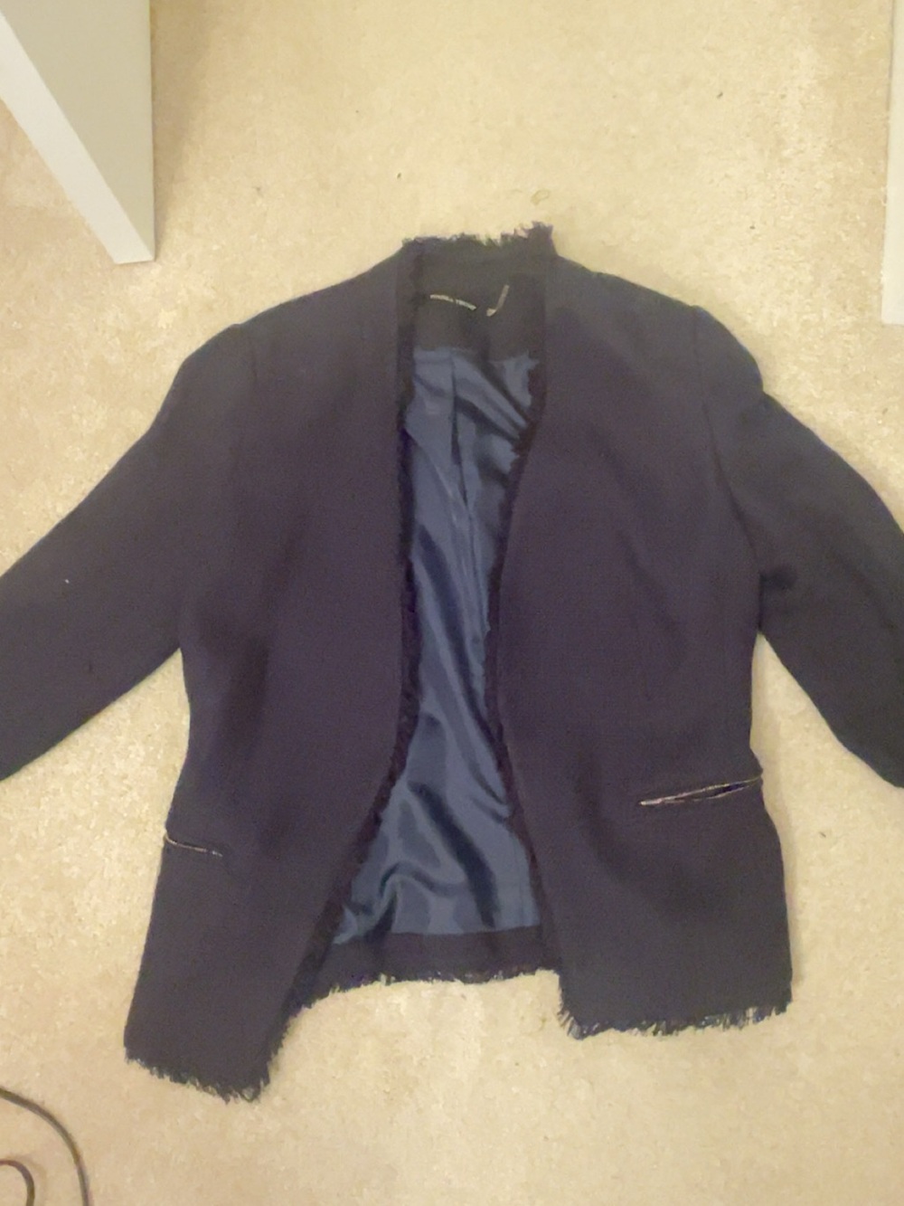 Frayed Trim Navy Open-Front Women's Blazer